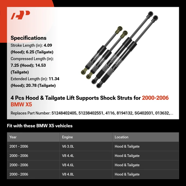 4 Pcs Hood & Tailgate Lift Supports Shock Struts for 2000-2006 BMW X5
