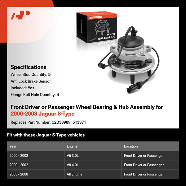 Front Driver or Passenger Wheel Bearing & Hub Assembly for 2000-2008 Jaguar S-Type