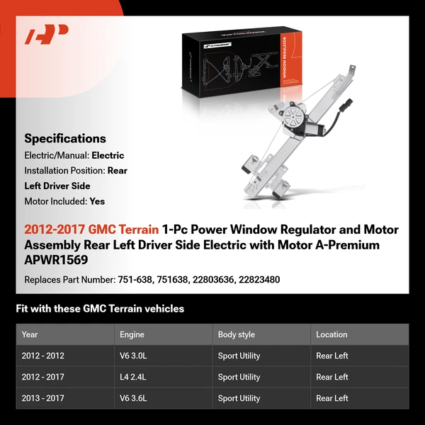 2012-2017 GMC Terrain 1-Pc Power Window Regulator and Motor Assembly Rear Left Driver Side Electric with Motor A-Premium APWR1569