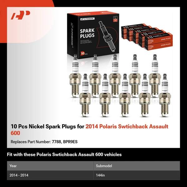 10 Pcs Nickel Spark Plugs for 2014 Polaris Swtichback Assault 600 