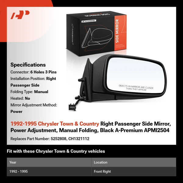 1992-1995 Chrysler Town & Country Right Passenger Side Mirror, Power Adjustment, Manual Folding, Black A-Premium APMI2504