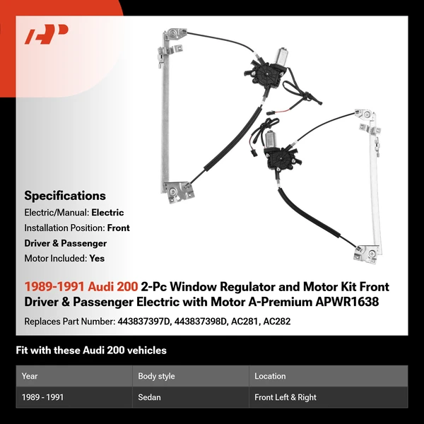 1989-1991 Audi 200 2-Pc Window Regulator and Motor Kit Front Driver & Passenger Electric with Motor A-Premium APWR1638