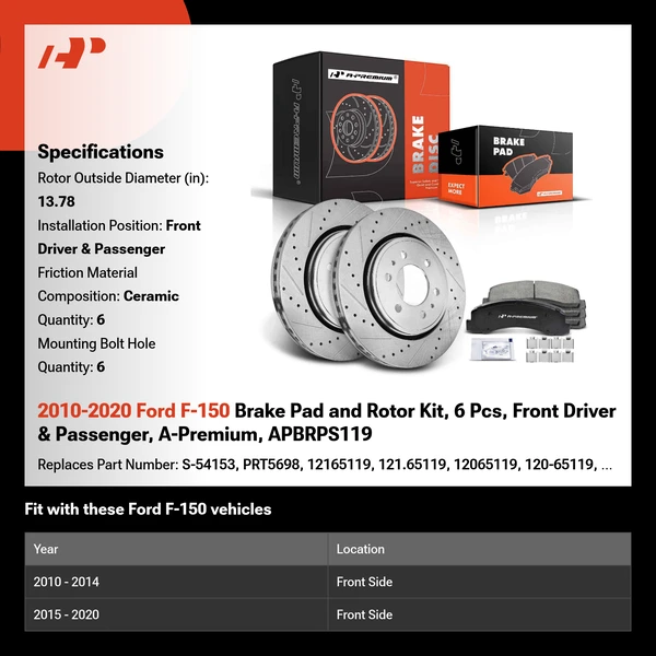 2010-2020 Ford F-150 Brake Pad and Rotor Kit, 6 Pcs, Front Driver & Passenger, A-Premium, APBRPS119