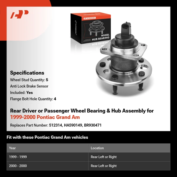 Rear Driver or Passenger Wheel Bearing & Hub Assembly for 1999-2000 Pontiac Grand Am