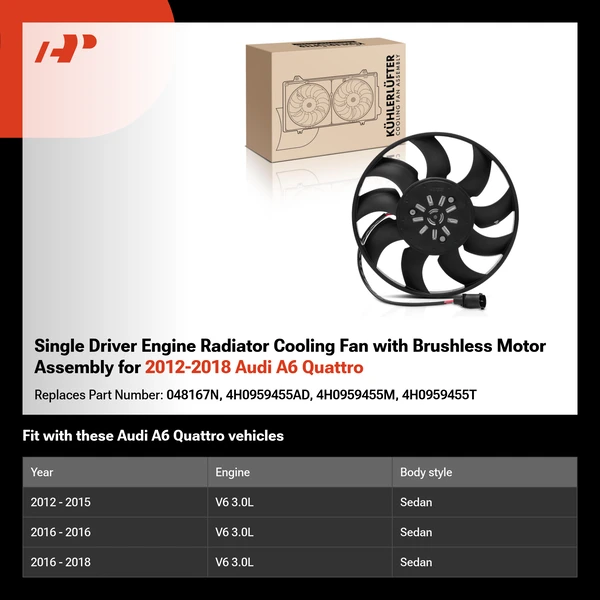 Single Driver Engine Radiator Cooling Fan with Brushless Motor Assembly for 2012-2018 Audi A6 Quattro