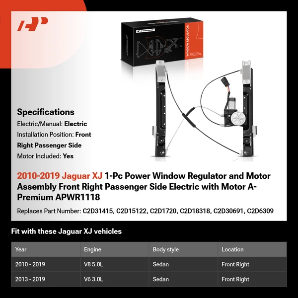 2010-2019 Jaguar XJ 1-Pc Power Window Regulator and Motor Assembly Front Right Passenger Side Electric with Motor A-Premium APWR1118