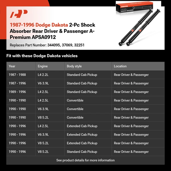 1987-1996 Dodge Dakota 2-Pc Shock Absorber Rear Driver & Passenger A-Premium APSA0912