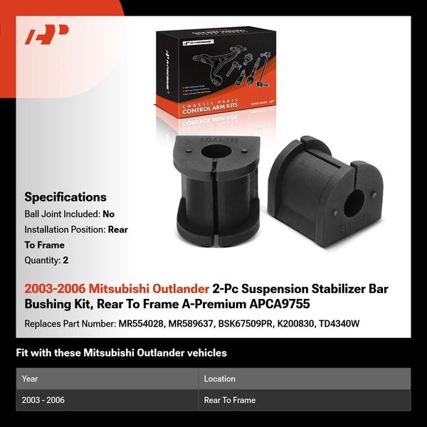 2003-2006 Mitsubishi Outlander 2-Pc Suspension Stabilizer Bar Bushing Kit, Rear To Frame A-Premium APCA9755