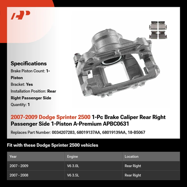 2007-2009 Dodge Sprinter 2500 1-Pc Brake Caliper Rear Right Passenger Side 1-Piston A-Premium APBC0631