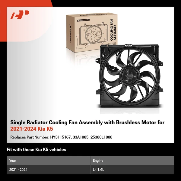 Single Radiator Cooling Fan Assembly with Brushless Motor for 2021-2024 Kia K5