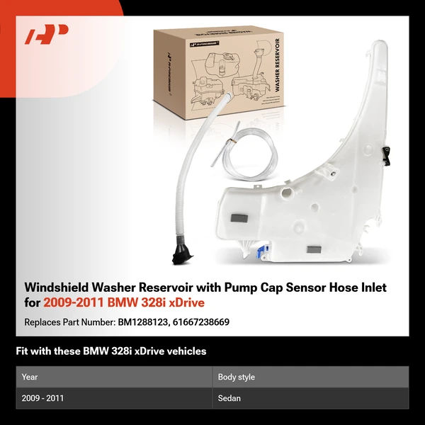 Windshield Washer Reservoir with Pump Cap Sensor Hose Inlet for 2009-2011 BMW 328i xDrive