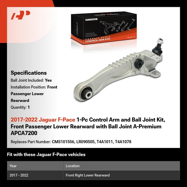 2017-2022 Jaguar F-Pace 1-Pc Control Arm and Ball Joint Kit, Front Passenger Lower Rearward with Ball Joint A-Premium APCA7200