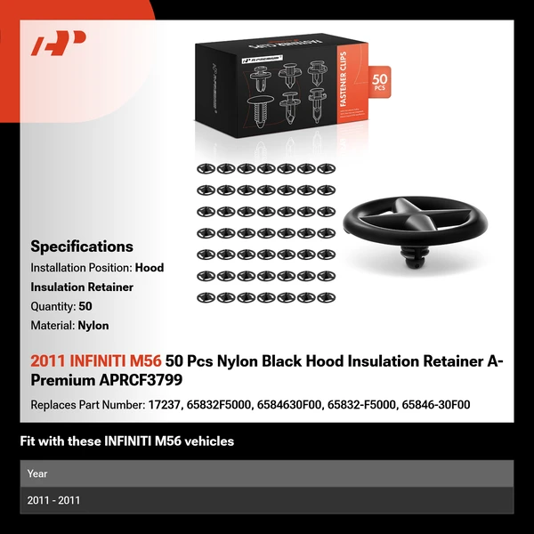 2011 INFINITI M56 50 Pcs Nylon Black Hood Insulation Retainer A-Premium APRCF3799