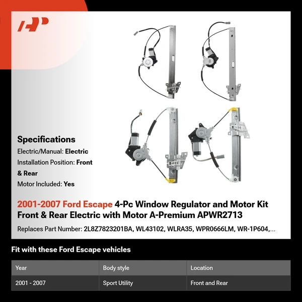 2001-2007 Ford Escape 4-Pc Window Regulator and Motor Kit Front & Rear Electric with Motor A-Premium APWR2713