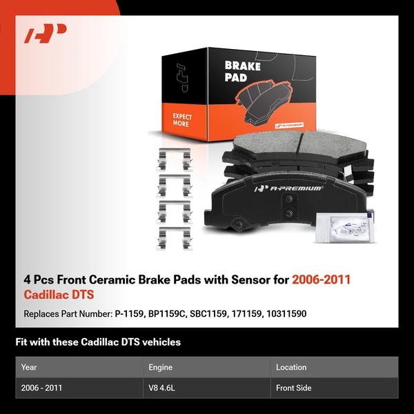 4 Pcs Front Ceramic Brake Pads with Sensor for 2006-2011 Cadillac DTS