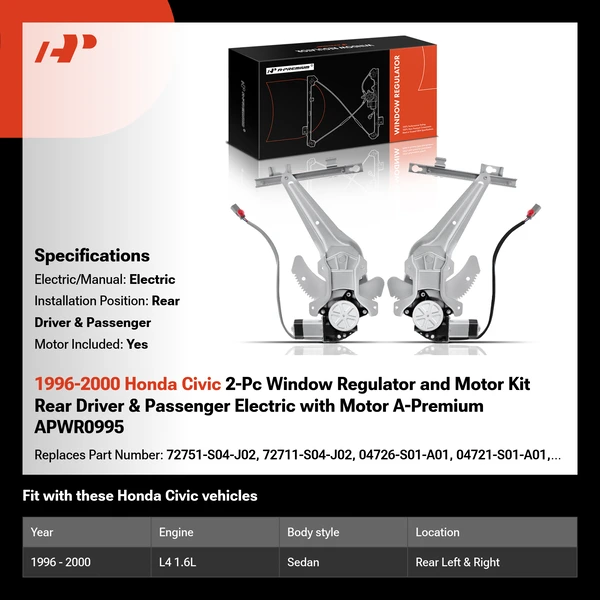1996-2000 Honda Civic 2-Pc Window Regulator and Motor Kit Rear Driver & Passenger Electric with Motor A-Premium APWR0995