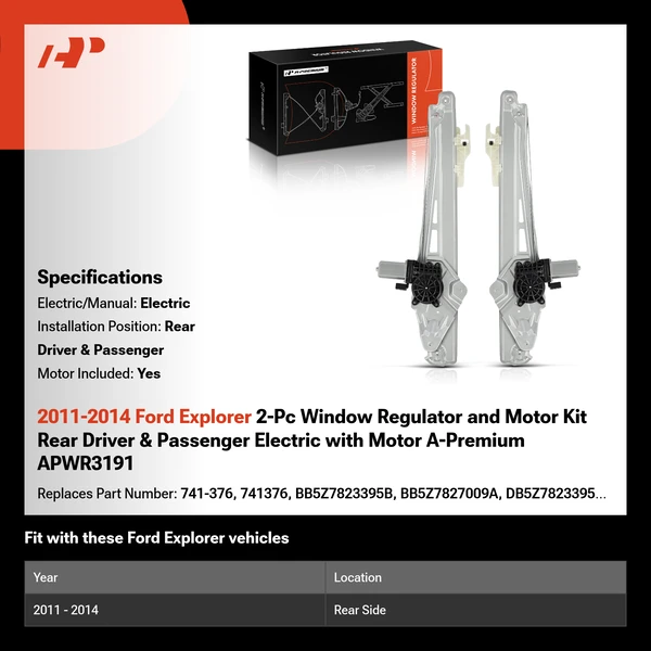 2011-2014 Ford Explorer 2-Pc Window Regulator and Motor Kit Rear Driver & Passenger Electric with Motor A-Premium APWR3191