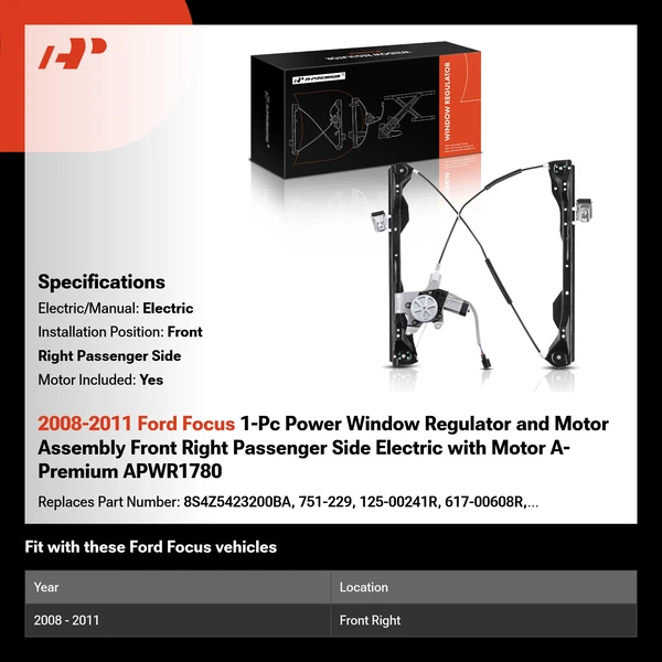 2008-2011 Ford Focus 1-Pc Power Window Regulator and Motor Assembly Front Right Passenger Side Electric with Motor A-Premium APWR1780