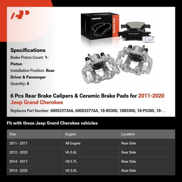 6 Pcs Rear Brake Calipers & Ceramic Brake Pads for 2011-2020 Jeep Grand Cherokee