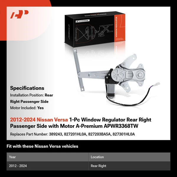 2012-2024 Nissan Versa 1-Pc Window Regulator Rear Right Passenger Side with Motor A-Premium APWR3368TW
