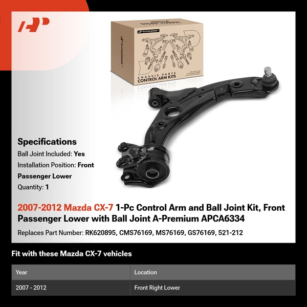 2007-2012 Mazda CX-7 1-Pc Control Arm and Ball Joint Kit, Front Passenger Lower with Ball Joint A-Premium APCA6334
