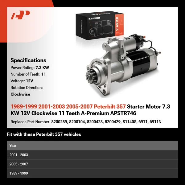 1989-1999 2001-2003 2005-2007 Peterbilt 357 Starter Motor 7.3 KW 12V Clockwise 11 Teeth A-Premium APSTR746