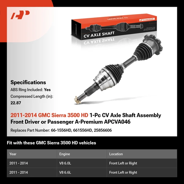 2011-2014 GMC Sierra 3500 HD 1-Pc CV Axle Shaft Assembly Front Driver or Passenger A-Premium APCVA046