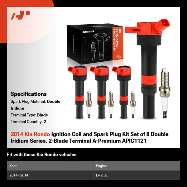 2014 Kia Rondo Ignition Coil and Spark Plug Kit Set of 8 Double Iridium Series, 2-Blade Terminal A-Premium APIC1121