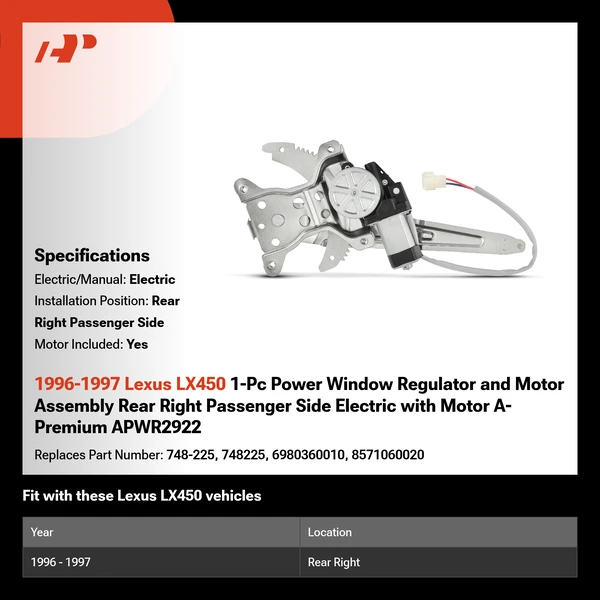 1996-1997 Lexus LX450 1-Pc Power Window Regulator and Motor Assembly Rear Right Passenger Side Electric with Motor A-Premium APWR2922