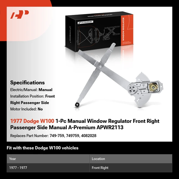 1977 Dodge W100 1-Pc Manual Window Regulator Front Right Passenger Side Manual A-Premium APWR2113