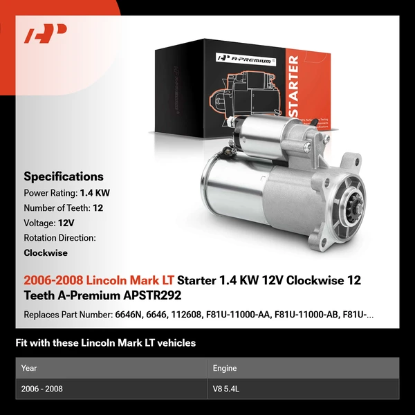 2006-2008 Lincoln Mark LT Starter 1.4 KW 12V Clockwise 12 Teeth A-Premium APSTR292
