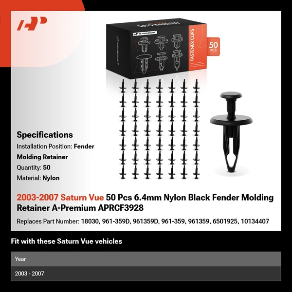 2003-2007 Saturn Vue 50 Pcs 6.4mm Nylon Black Fender Molding Retainer A-Premium APRCF3928