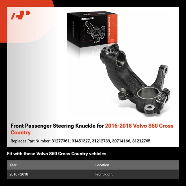 Front Passenger Steering Knuckle for 2016-2018 Volvo S60 Cross Country