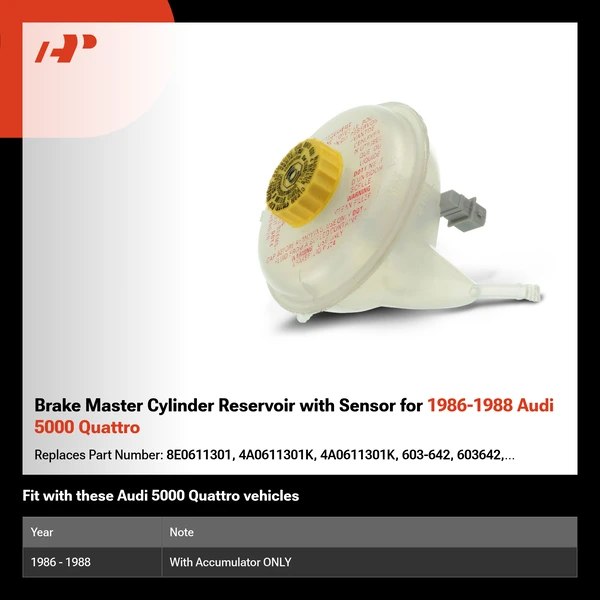 Brake Master Cylinder Reservoir with Sensor for 1986-1988 Audi 5000 Quattro