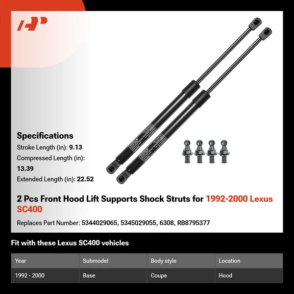 2 Pcs Front Hood Lift Supports Shock Struts for 1992-2000 Lexus SC400