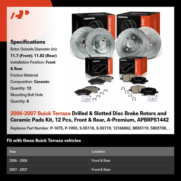 2006-2007 Buick Terraza Drilled & Slotted Disc Brake Rotors and Ceramic Pads Kit, 12 Pcs, Front & Rear, A-Premium, APBRPS1442