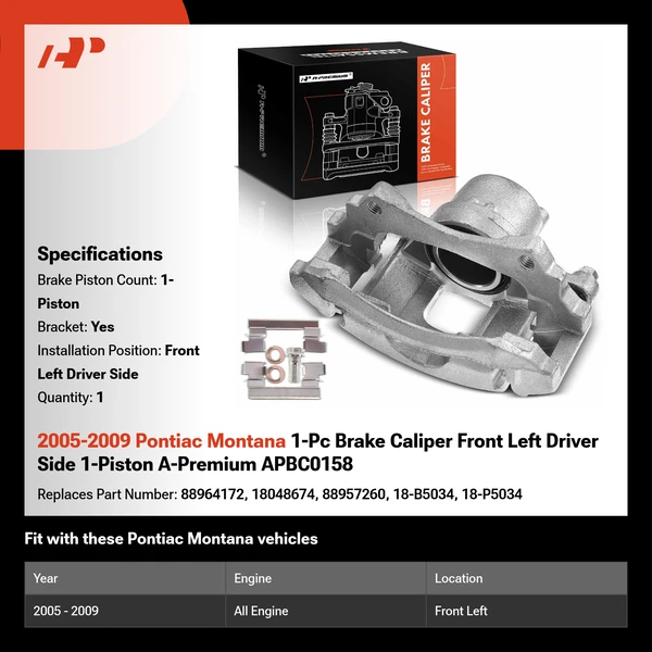 2005-2009 Pontiac Montana 1-Pc Brake Caliper Front Left Driver Side 1-Piston A-Premium APBC0158