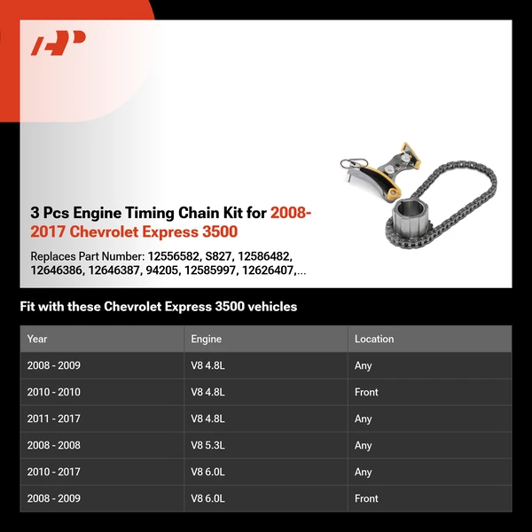 3 Pcs Engine Timing Chain Kit for 2008-2017 Chevrolet Express 3500