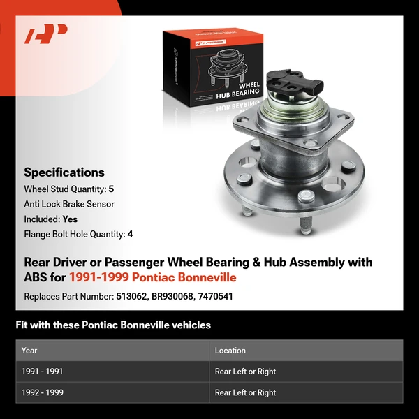 Rear Driver or Passenger Wheel Bearing & Hub Assembly with ABS for 1991-1999 Pontiac Bonneville