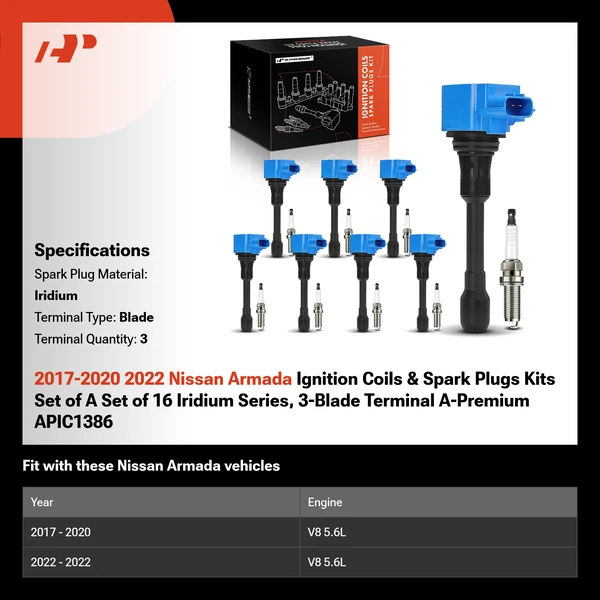 2017-2020 2022 Nissan Armada Ignition Coils & Spark Plugs Kits Set of A Set of 16 Iridium Series, 3-Blade Terminal A-Premium APIC1386