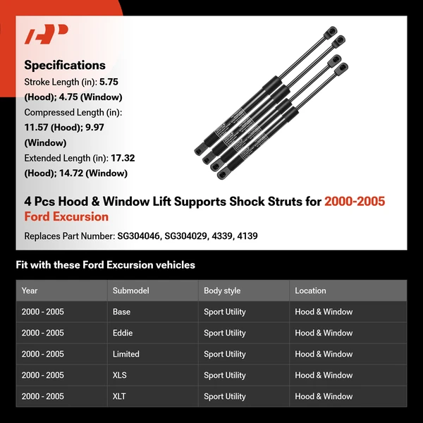 4 Pcs Hood & Window Lift Supports Shock Struts for 2000-2005 Ford Excursion