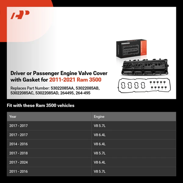 Driver or Passenger Engine Valve Cover with Gasket for 2011-2021 Ram 3500