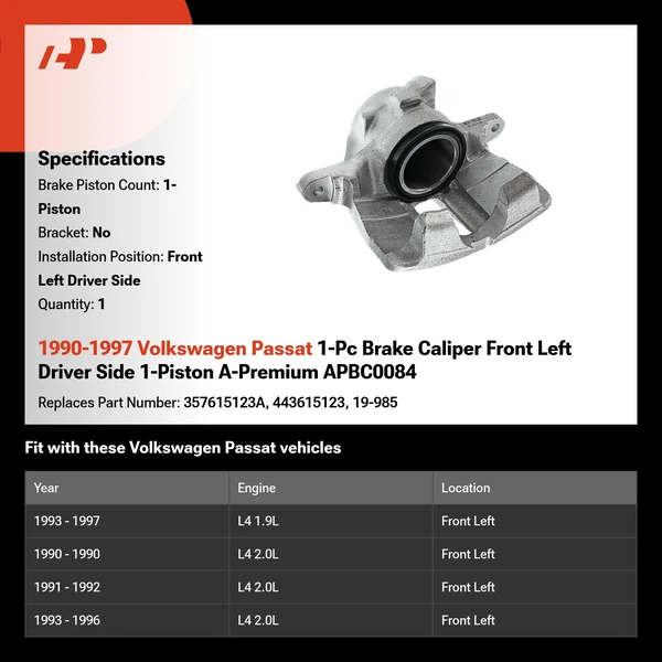 1990-1997 Volkswagen Passat 1-Pc Brake Caliper Front Left Driver Side 1-Piston A-Premium APBC0084