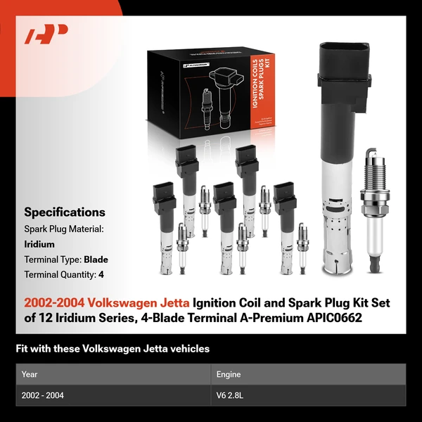 2002-2004 Volkswagen Jetta Ignition Coil and Spark Plug Kit Set of 12 Iridium Series, 4-Blade Terminal A-Premium APIC0662