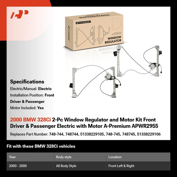 2000 BMW 328Ci 2-Pc Window Regulator and Motor Kit Front Driver & Passenger Electric with Motor A-Premium APWR2955