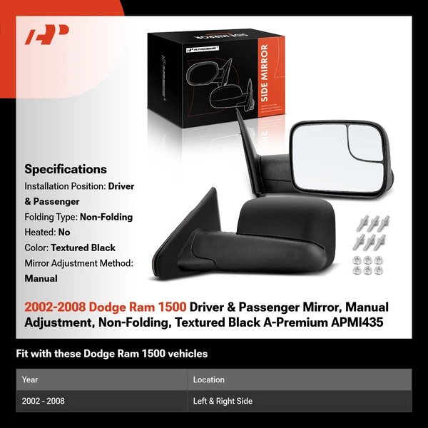 2002-2008 Dodge Ram 1500 Driver & Passenger Mirror, Manual Adjustment, Non-Folding, Textured Black A-Premium APMI435