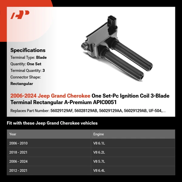 2006-2024 Jeep Grand Cherokee One Set-Pc Ignition Coil 3-Blade Terminal Rectangular A-Premium APIC0051