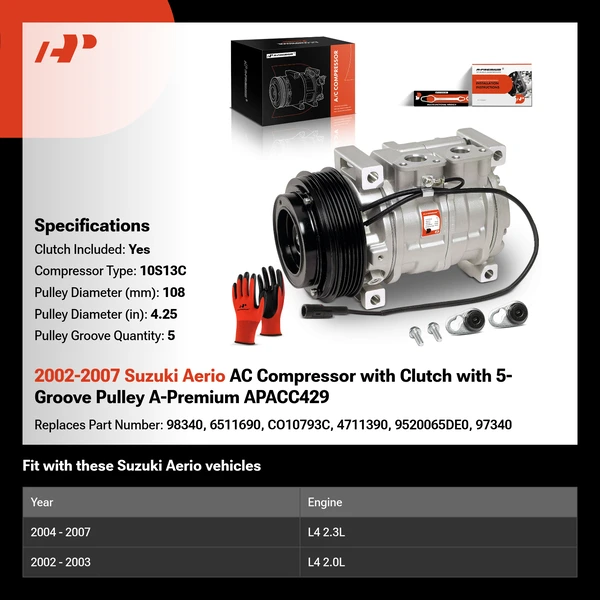 2002-2007 Suzuki Aerio AC Compressor with Clutch with 5-Groove Pulley A-Premium APACC429