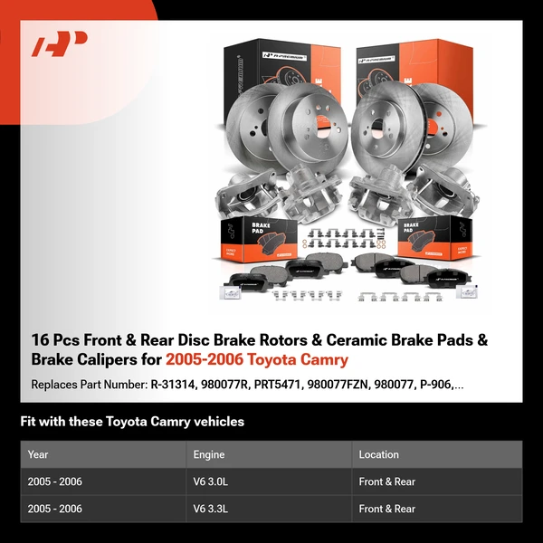 16 Pcs Front & Rear Disc Brake Rotors & Ceramic Brake Pads & Brake Calipers for 2005-2006 Toyota Camry
