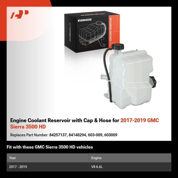Engine Coolant Reservoir with Cap & Hose for 2017-2019 GMC Sierra 3500 HD